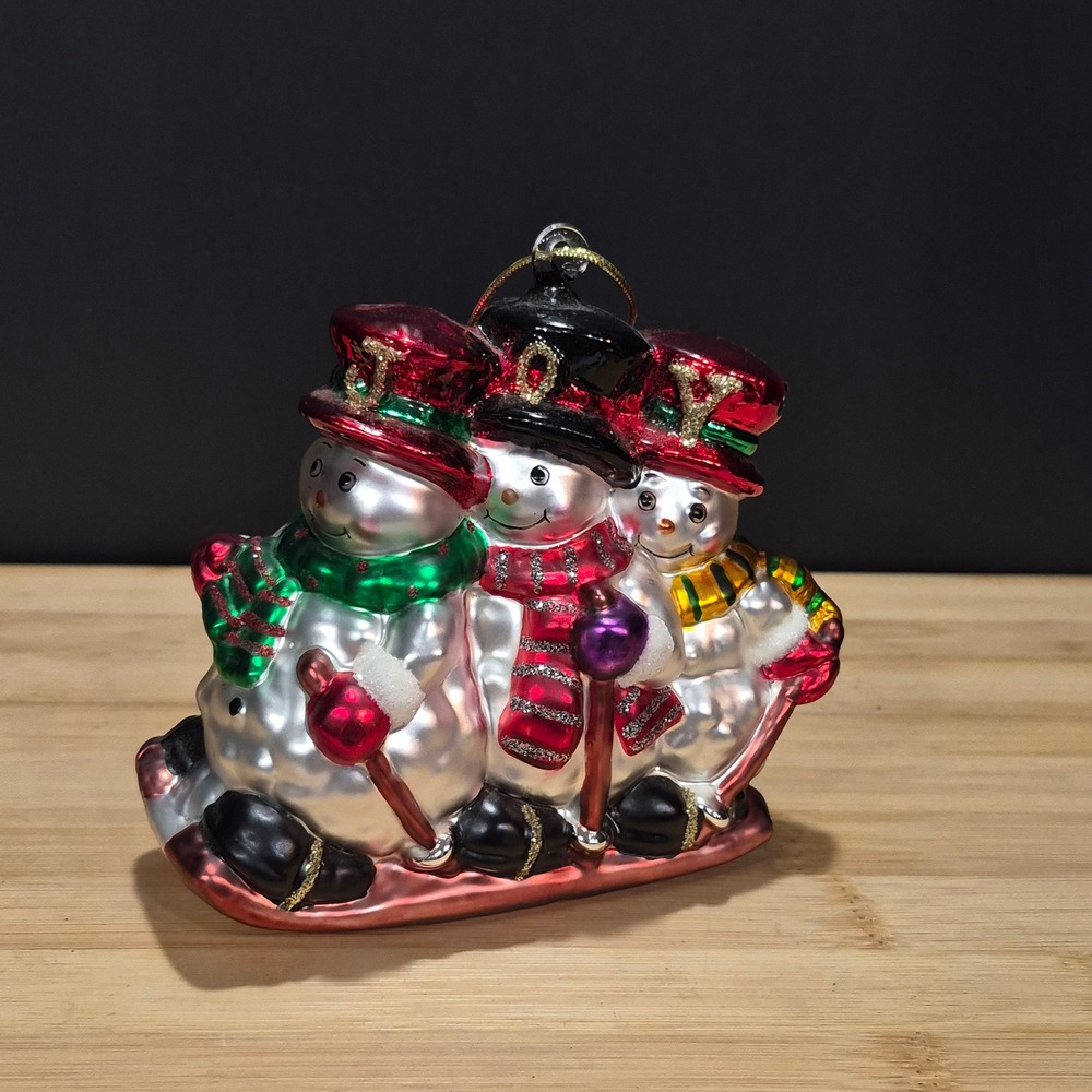 Vintage 90s Y2K Blown-Glass Christmas Tree Ornament Snowmen Joy Holiday Fun